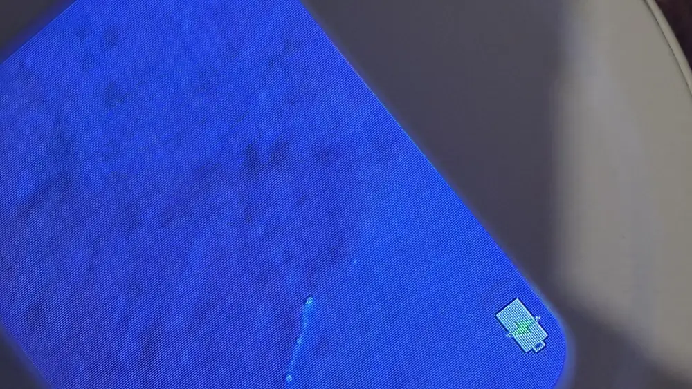 A thin fiber with bright points along it on the filter membrane