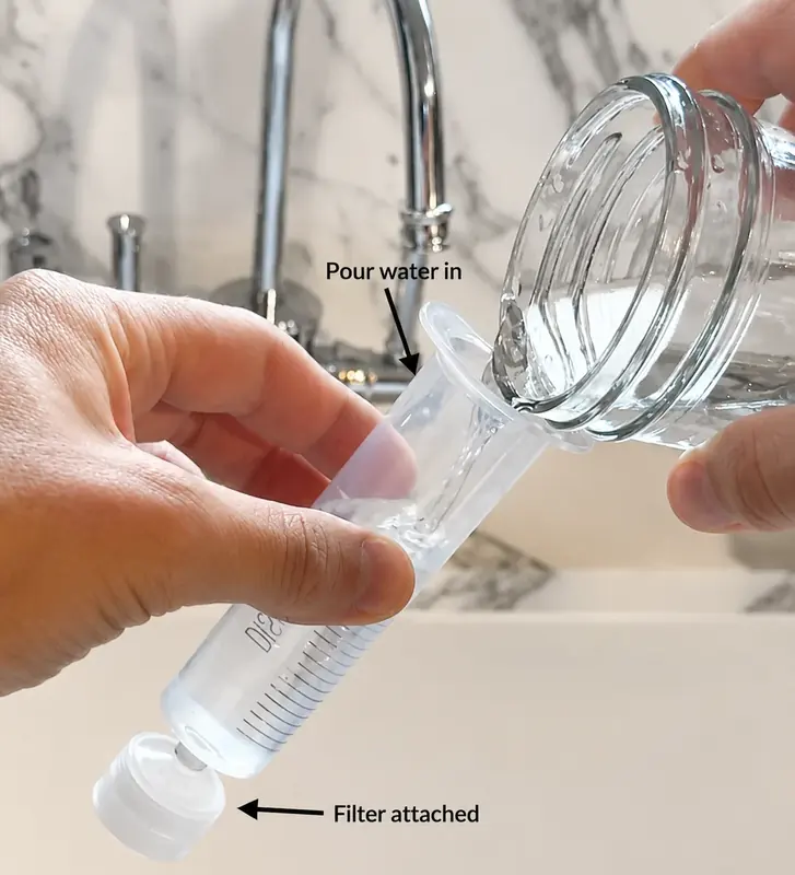 Pouring prepared water into the top of the syringe