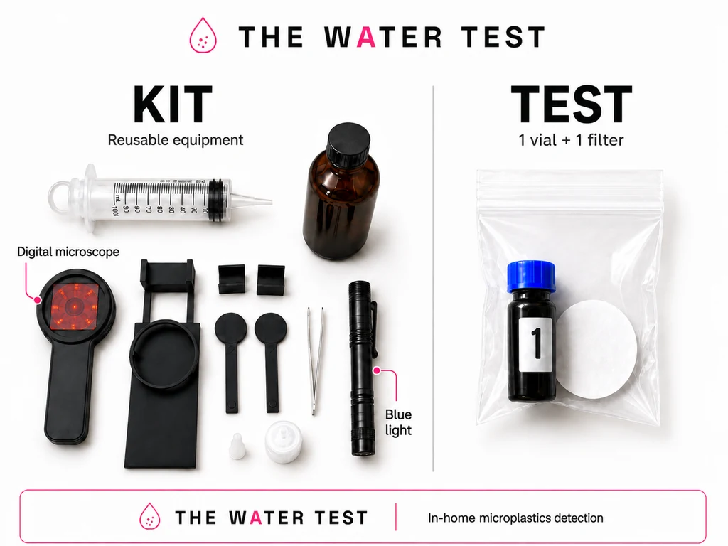 Side by side: the KIT is the reusable equipment — digital microscope, phone stand, syringe, blue light, tweezers, staining bottle. The TEST is one vial plus one filter, sealed in a bag, used up on a single sample.