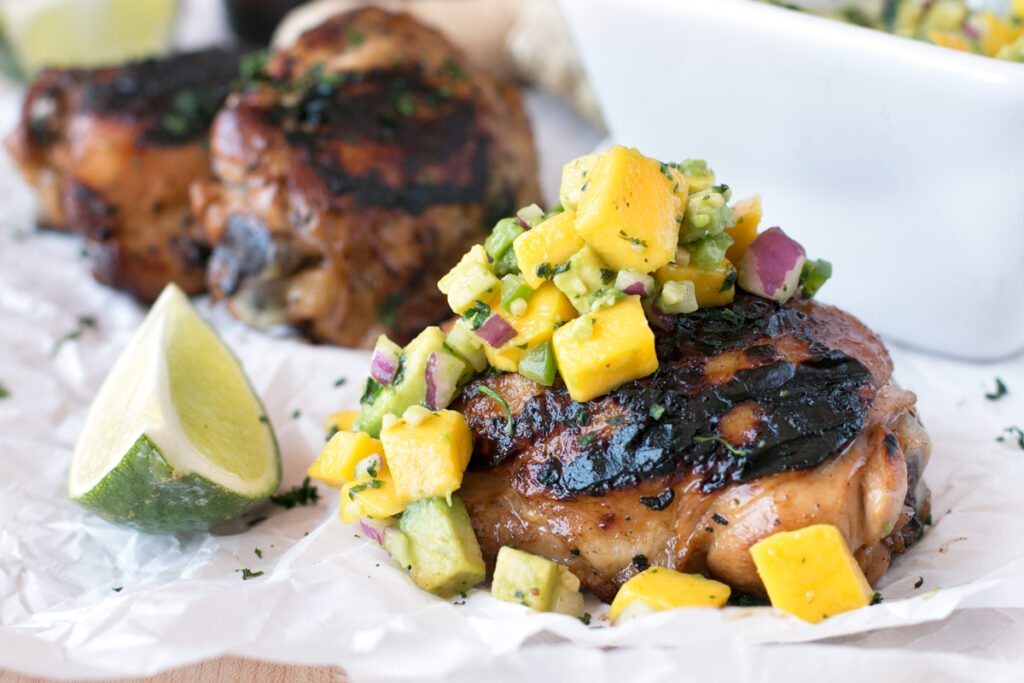 Spicy Ginger Grilled Chicken Thighs with Mango Avocado Salsa Photo