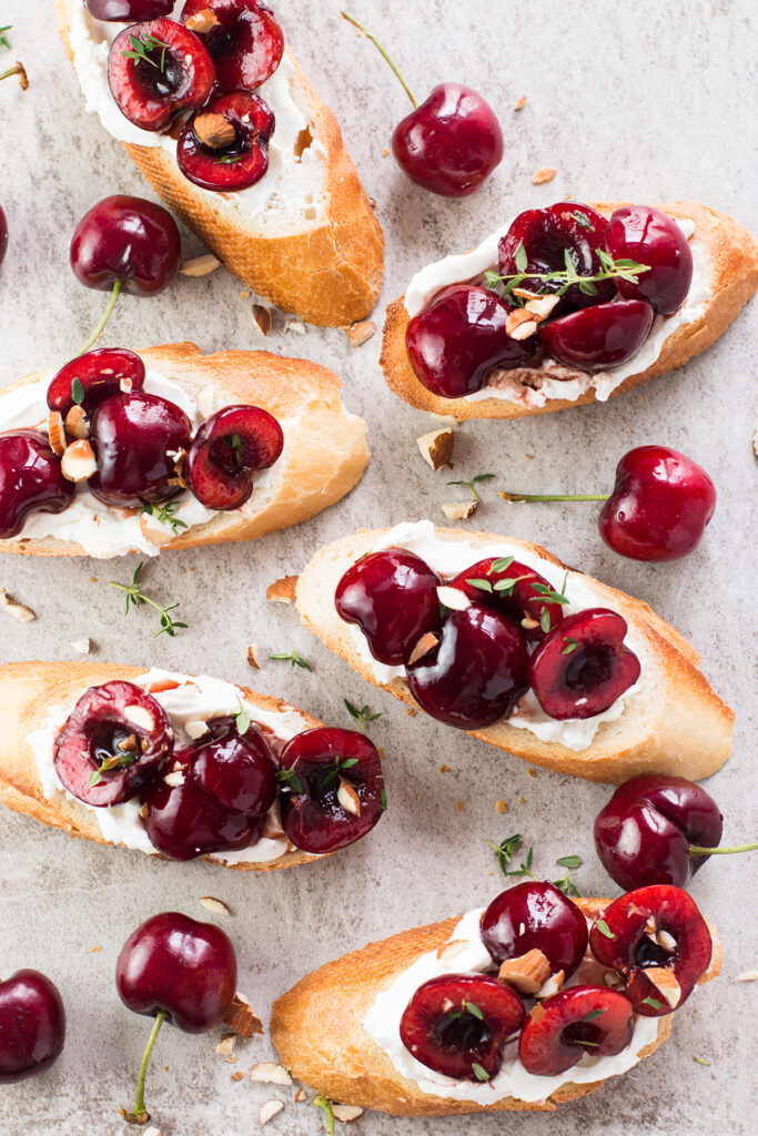 Cherry Goat Cheese Crostini with Thyme and Almonds