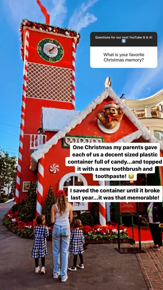 An Instagram Story screenshot of Jinger Duggar's written text over a photo of a giant gingerbread house. It's life-size.