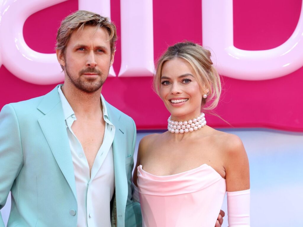 Ryan Gosling and Margot Robbie at a Barbie premiere. 