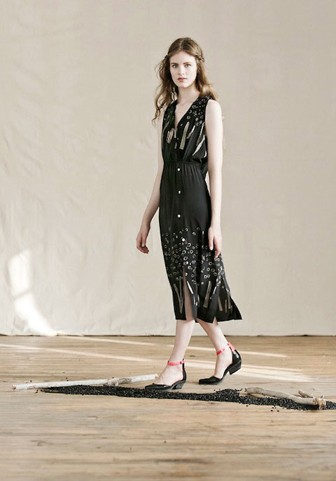 Feral Childe's Rake Dress featuring their custom "Sticks and Stones" graphic print