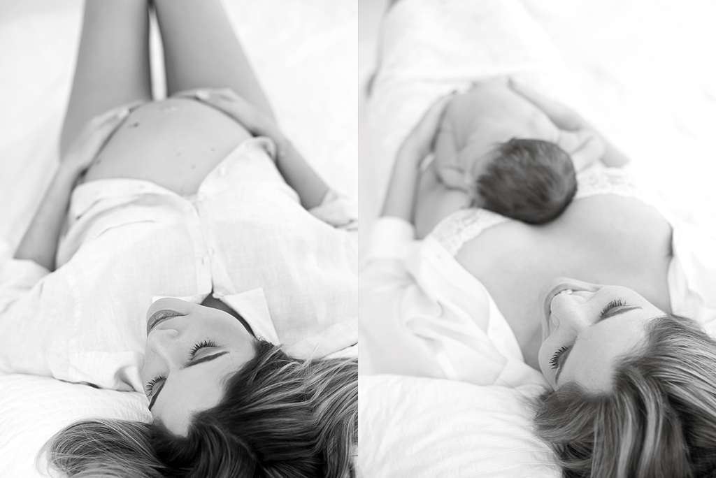 fotos de gestante preto e branco com bebê deitado sobre a mãe fotógrafa newborn