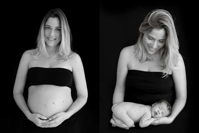 mãe com filho recém-nascido em fotos de antes e depois gravidez e maternidade