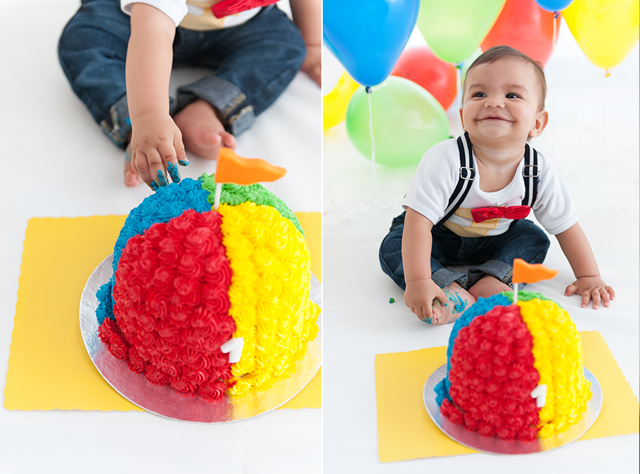ensaio smash the cake festa infantil temática circo divertida com balões coloridos em ensaio Smash the Cake em fotos de aniversário de bebê estúdio fotográfico laura alzueta