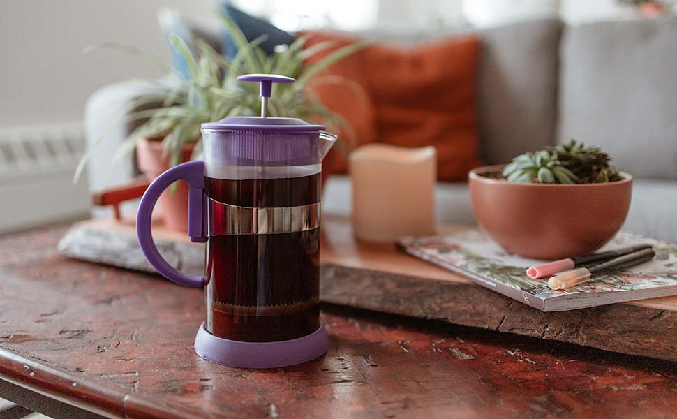 zurich purple colourful french press coffee maker with dual filter lid and silicone base