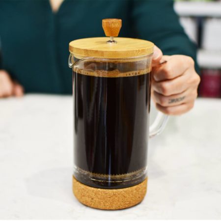 Grosche-melbourne-cork-and-bamboo-french-press-with-coffee-on-marble-counter-top