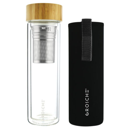 double walled glass water bottle with tea infuser bamboo lid and sleeve GROSCHE Copenhagen GR 368