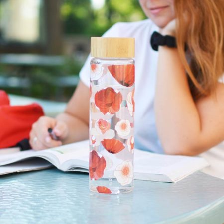 GROSCHE-GR-385-Venice-red poppy flower Glass-water-bottle-with-bamboo-lid-university