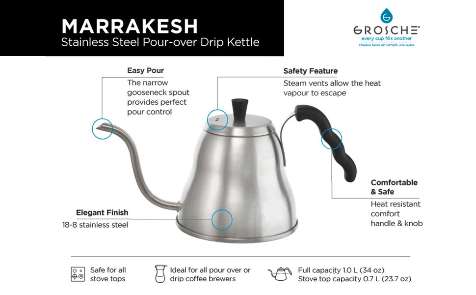 gooseneck kettle, pour over kettle, coffee kettle, kettle for pour over, GROSCHE marrakesh