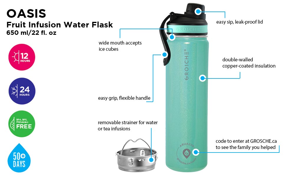 aquamarine oasis insulated infusion bottle travel flask for hot and cold drinks sports lid