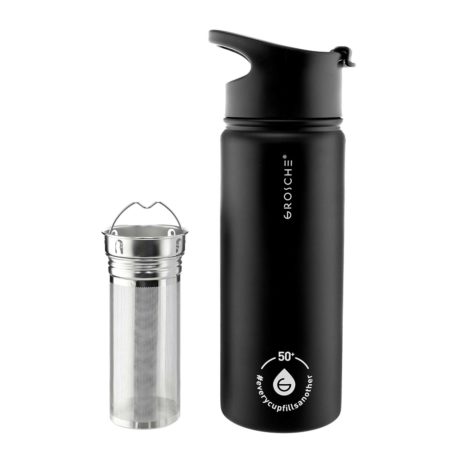 grosche chicago steel tea infusion flask charcoal black, infuser for tea and fruit, stainless steel water bottle tea infuser bottle, tea flask, fruit infuser water bottle