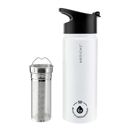 grosche chicago steel tea infusion flask white, infuser for tea and fruit, stainless steel water bottle tea infuser bottle, tea flask, fruit infuser water bottle