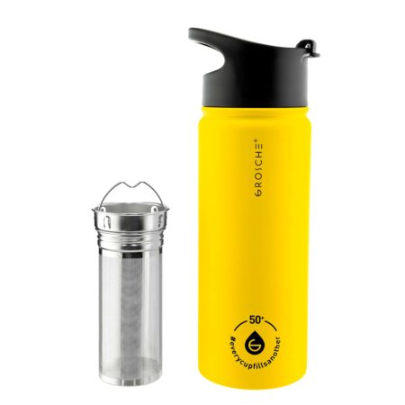 grosche chicago steel tea infusion flask honey yellow, infuser for tea and fruit, stainless steel water bottle tea infuser bottle, tea flask, fruit infuser water bottle