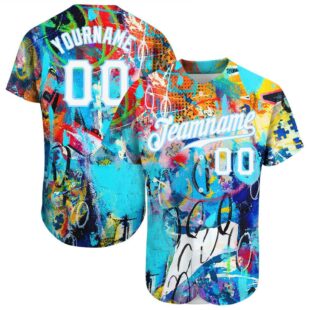 Abstract Graffiti White-Light Blue 3D Authentic Baseball Jersey, Custom Baseball Jersey