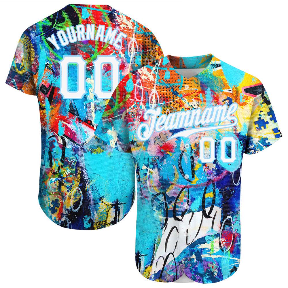 Abstract Graffiti White-Light Blue 3D Authentic Baseball Jersey, Custom Baseball Jersey