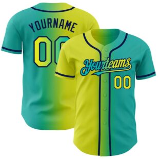 Aqua Neon Yellow-Navy Authentic Gradient Fashion Baseball Jersey, Custom Baseball Jersey