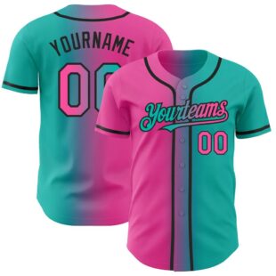Aqua Pink-Black Authentic Gradient Fashion Baseball Jersey, Custom Baseball Jersey