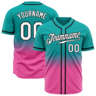 Aqua White Pink-Black Authentic Fade Fashion Baseball Jersey, Custom Baseball Jersey