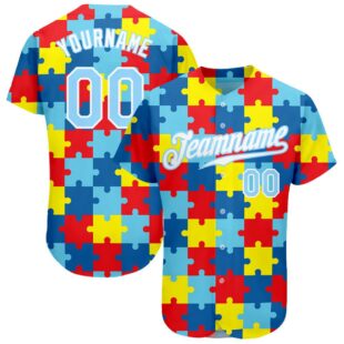 Autism Awareness Puzzle Pieces Light Blue-White 3D Authentic Baseball Jersey, Custom Baseball Jersey