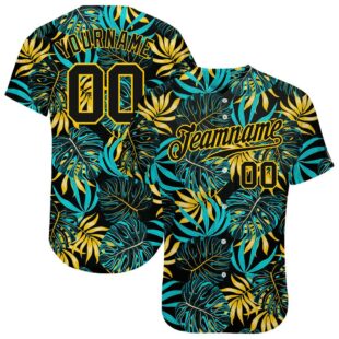 Black-Gold 3D Pattern Design Tropical Palm Leaves Authentic Baseball Jersey, Custom Baseball Jersey