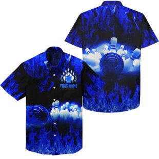 Blue Flame Hawaiian Bowling Shirts, Personalized Men Bowling Team Button Up Bowling Shirts