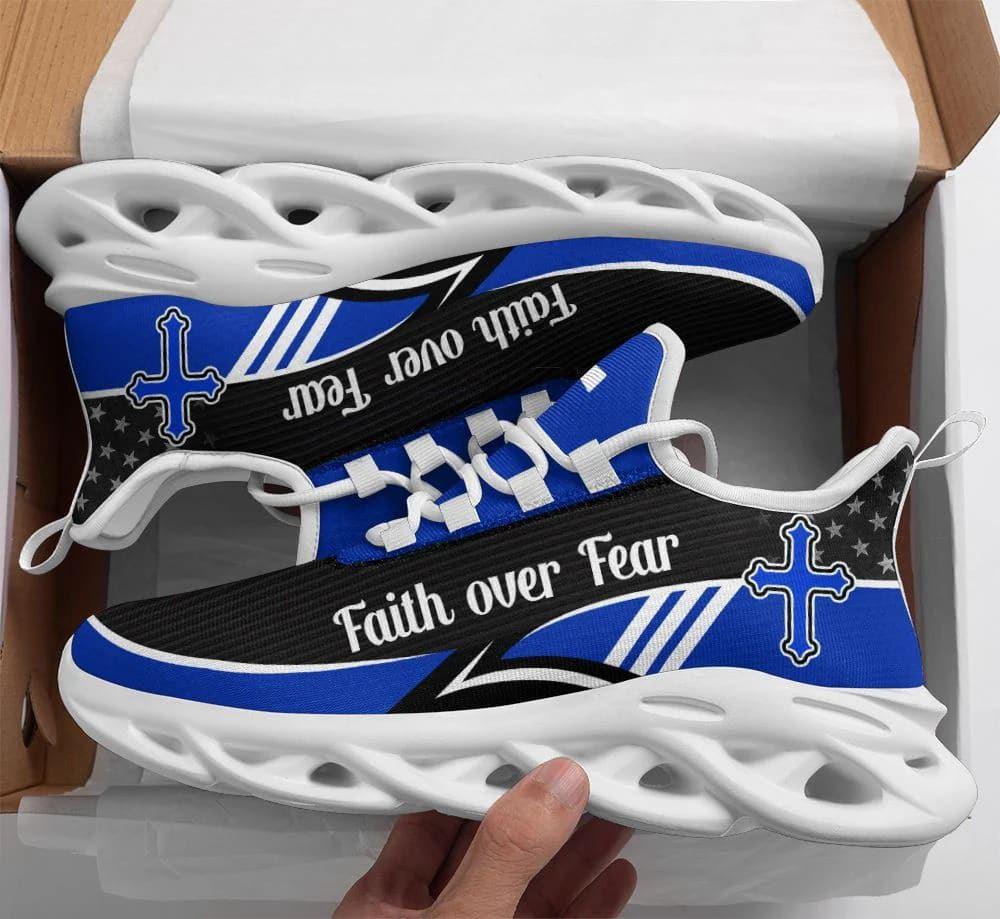 Blue Jesus Faith Over Fear Running Sneakers Max Soul Shoes, Jesus Shoes, Jesus Christ Shoes