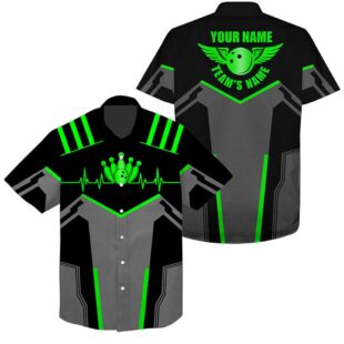 Bowling Hawaiian Shirt Custom Name And Team Name Bowling Ball And Pins, Team Bowling Shirts Green