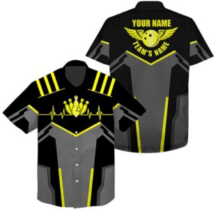 Bowling Hawaiian Shirt Custom Name And Team Name Bowling Ball And Pins, Team Bowling Shirts Yellow