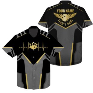 Bowling Hawaiian Shirts Custom Team Name Black Bowling Team Button Up Shirts, Gift For Team Bowlers