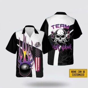 Custom Name Skull Bowling American Flag Pattern Bowling Hawaiin Shirt, Beachwear Gift For Bowler