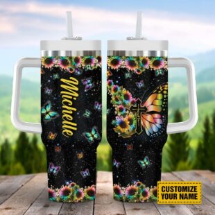 Galaxy Faith Cross Butterfly With Sunflowers Stanley Tumbler 40oz, Christian Tumbler