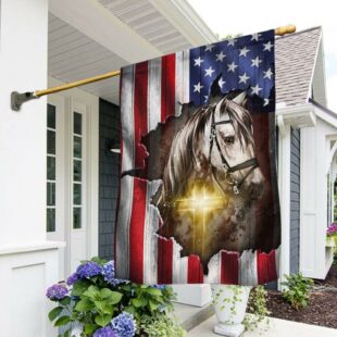 Horse Stand With God Christian Cross American Flag, Christian Flag Outdoor Decoration