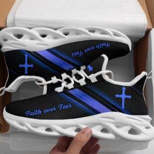 Jesus Black Blue Faith Over Fear Running Sneakers Max Soul Shoes, Jesus Shoes, Jesus Christ Shoes
