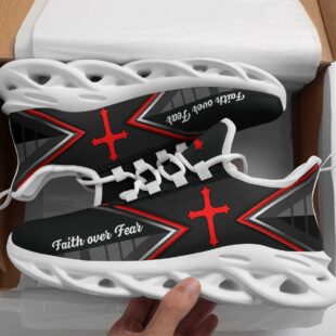 Jesus Faith Over Black Red Fear Running Sneakers Max Soul Shoes, Jesus Shoes, Jesus Christ Shoes