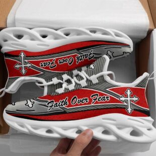 Jesus Faith Over Fear Red And Black Running Sneakers Max Soul Shoes, Jesus Shoes, Jesus Christ Shoes