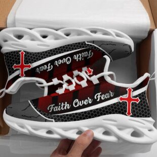 Jesus Faith Over Fear Red Black Running Sneakers Max Soul Shoes, Jesus Shoes, Jesus Christ Shoes