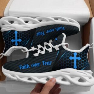 Jesus Faith Over Fear Running Sneakers Black And Blue Max Soul Shoes, Jesus Shoes, Jesus Christ Shoes
