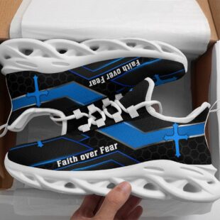 Jesus Faith Over Fear Running Sneakers Black Blue Max Soul Shoes, Jesus Shoes, Jesus Christ Shoes