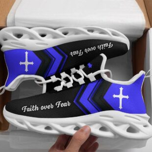Jesus Faith Over Fear Running Sneakers Blue Black Max Soul Shoes, Jesus Shoes, Jesus Christ Shoes