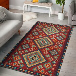 Native American Rug, Geometric Red & Green Pattern Area Rug