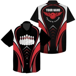 Personalized 3D Bowling Hawaiian Shirts Custom Red White And Black Bowling Ball Team Button Up Shirts