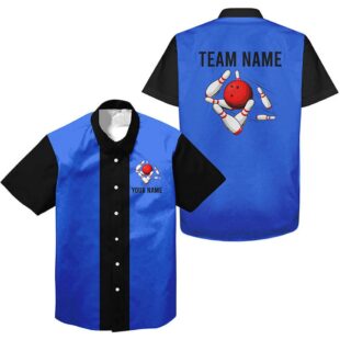 Personalized Blue Black Retro Bowling Hawaiian Shirts Custom Vintage Team Button Up Shirts
