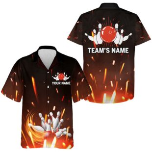 Personalized Hawaiian Bowling Shirt Flame Bowling Ball And Pins Short Sleeve Team Bowlers Jersey
