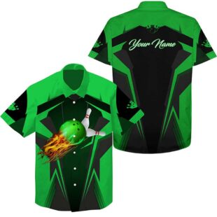 Personalized Hawaiian Bowling Shirts Flame Bowling Ball And Pins, Bowling Shirt For Men Bowlers Green