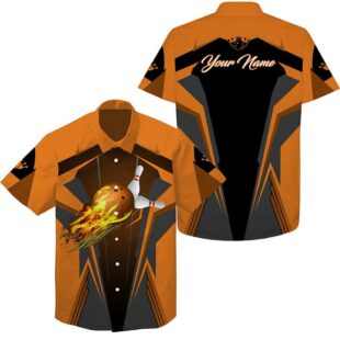 Personalized Hawaiian Bowling Shirts Flame Bowling Ball And Pins, Bowling Shirt For Men Bowlers Orange