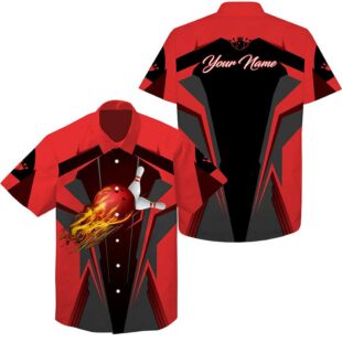 Personalized Hawaiian Bowling Shirts Flame Bowling Ball And Pins, Bowling Shirts For Men Bowlers Red