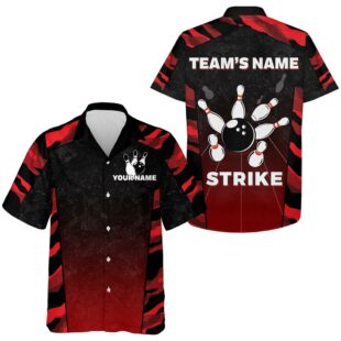 Red Camo Hawaiian Bowling Shirt For Men Custom Name Team Name Bowling Jersey Strike Bowling Shir